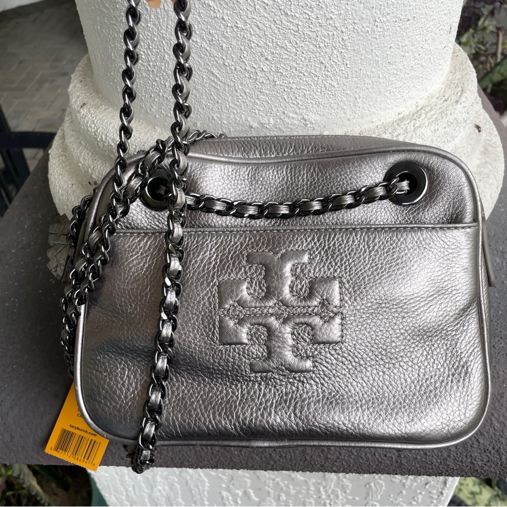Silver Metallic Tory Burch Chainlink Leather Shoulder Bag - Picture 5 of 5